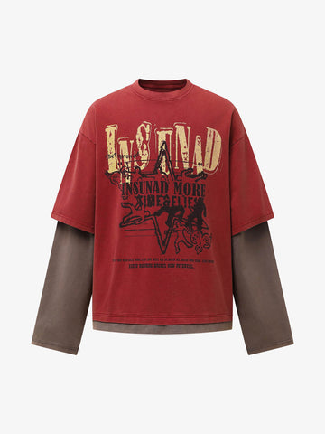 Street Color Matching Faux Two-Piece Printed T-Shirt - 2451 