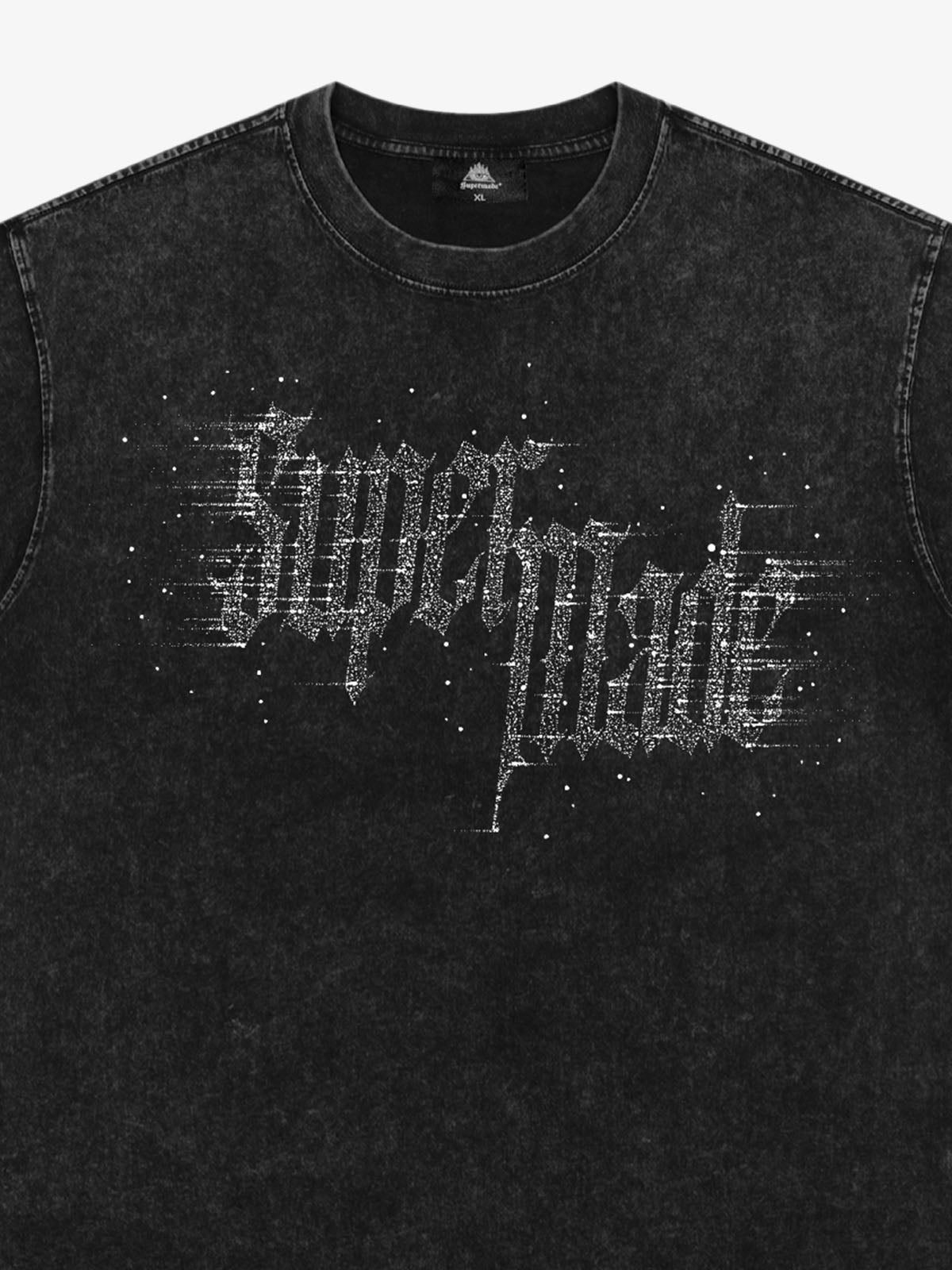 Washed Gothic Letter Imitation Diamond T-Shirt 
