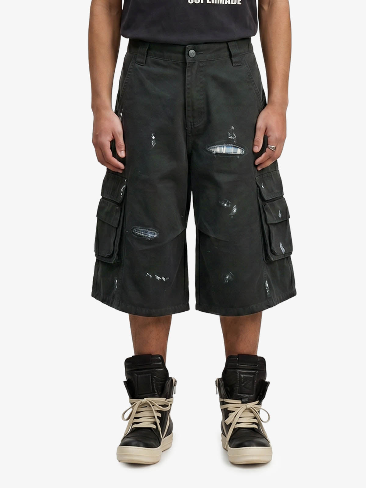 Vintage Distressed Multi Pocket Wide Leg Cargo Shorts