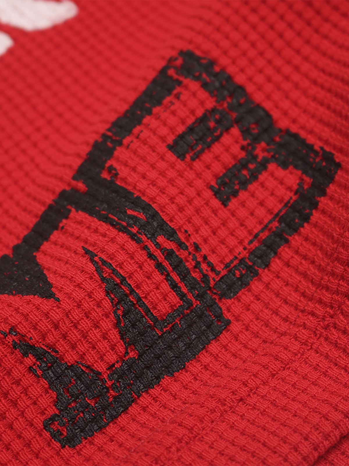 Red Waffle-Knit Cotton Blend Oversized T-Shirt with Bold Iron Cross Graphic Print