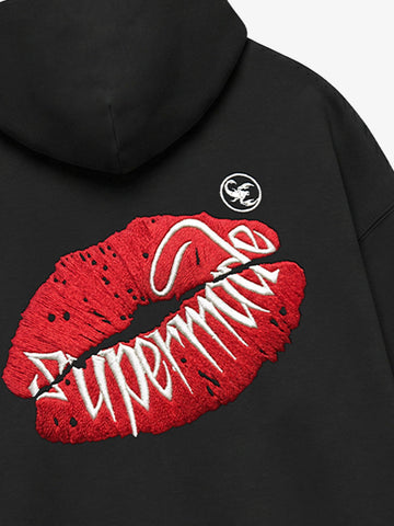 Oversized Hoodie with Lip Print Embroidery