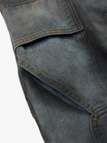 Distressed Washed Ripped Letter Patchwork Wide Leg Jeans 
