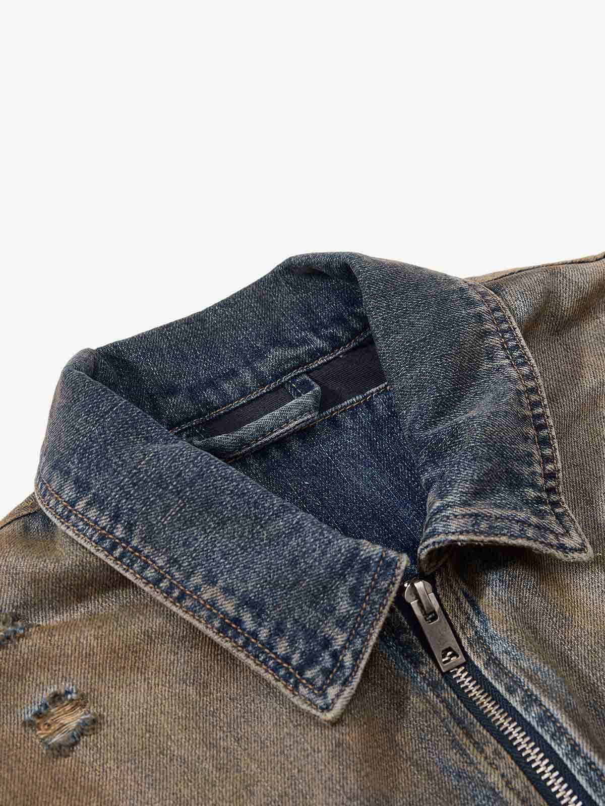 Vintage Washed Distressed Denim Zip Up Jacket 