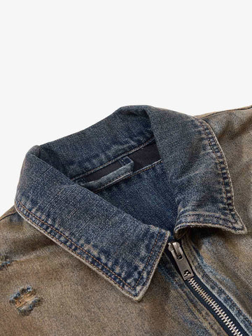 Vintage Washed Distressed Denim Zip Up Jacket 