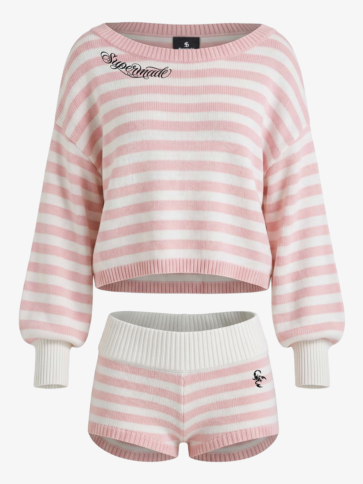 Scorpion Embroidered Off-Shoulder Striped Knit Set