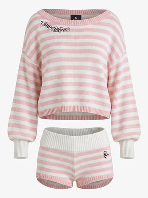Scorpion Embroidered Off-Shoulder Striped Knit Set