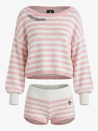 Scorpion Embroidered Off-Shoulder Striped Knit Set