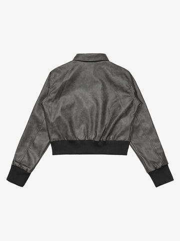 Metal Button Cropped Leather Bomber Jacket