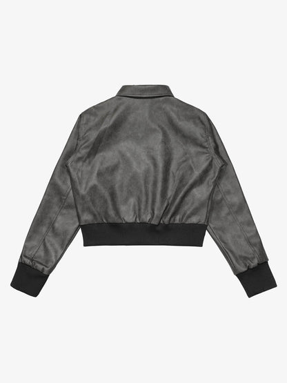 Metal Button Cropped Leather Bomber Jacket