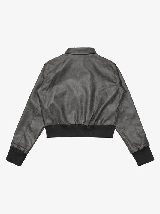 Metal Button Cropped Leather Bomber Jacket