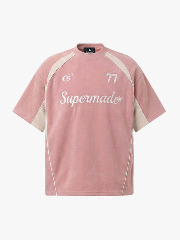 Cotton Blend Oversized Sport T-Shirt with Contrast Panels and Logo Print 