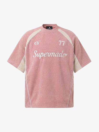 Cotton Blend Oversized Sport T-Shirt with Contrast Panels and Logo Print 