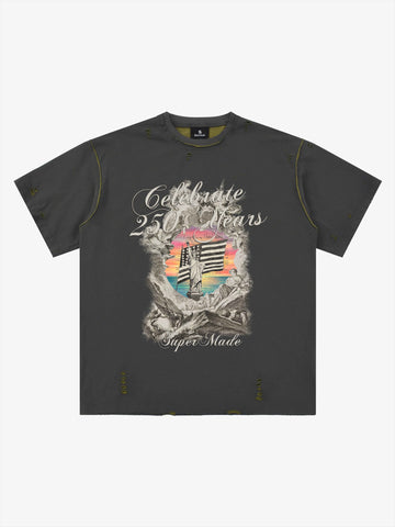 Statue of Liberty Graphic Distressed Reversible T-Shirt