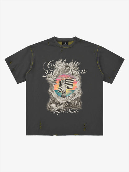 Statue of Liberty Graphic Distressed Reversible T-Shirt