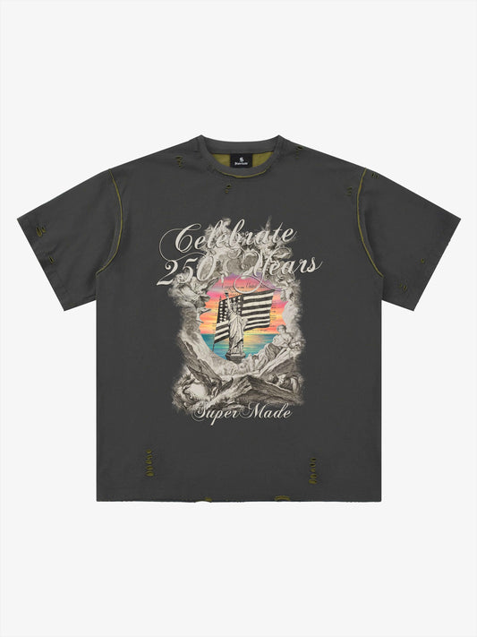 Statue of Liberty Graphic Distressed Reversible T-Shirt