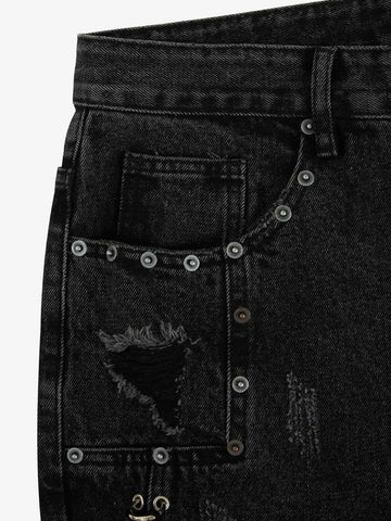 Vintage Washed Distressed Metal Ring Baggy Jeans 