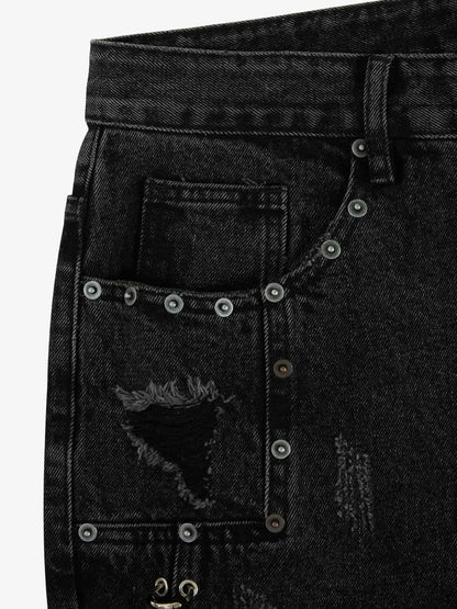Vintage Washed Distressed Metal Ring Baggy Jeans 