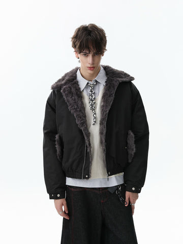 Faux Fur Collar Zipper Padded Bomber Jacket 