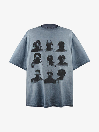 Vintage Washed Shadow Portrait Print T-Shirt 