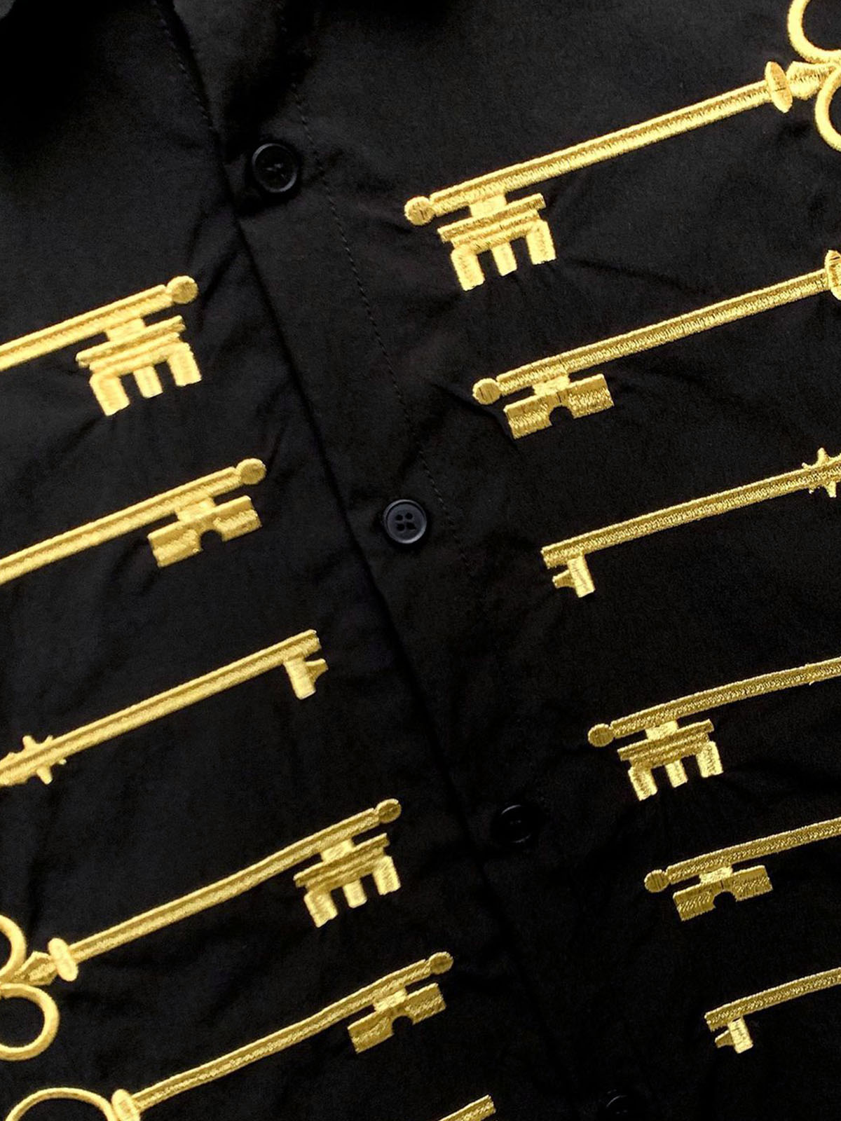 Black Cotton Button-Up Shirt with Gold Embroidered Key Motif – Classic Fit Top