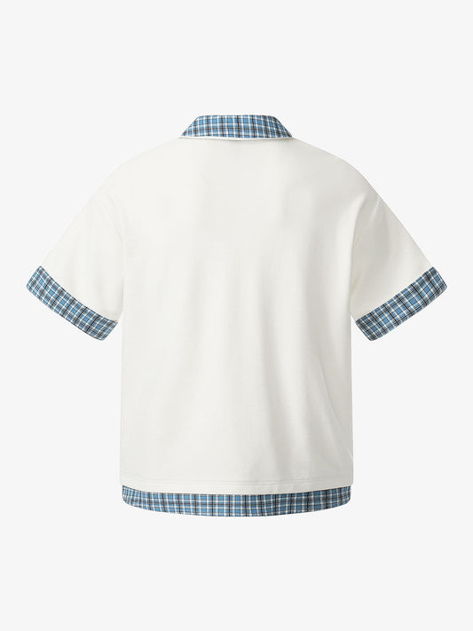Pique Cotton Polo Shirt with Plaid Contrast Collar & Cuffs