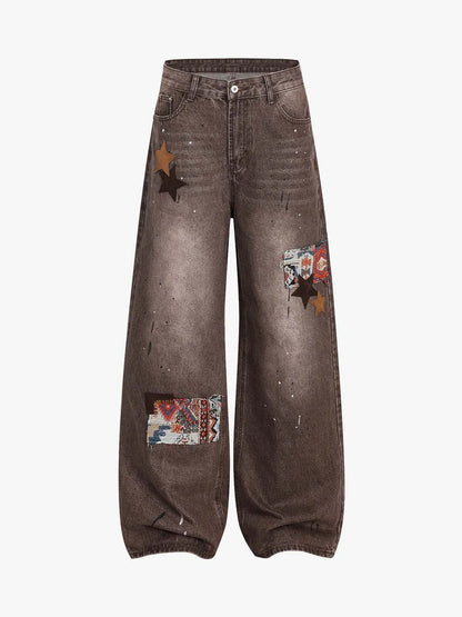 Retro Patchwork Washed Wide Leg Denim Jeans 