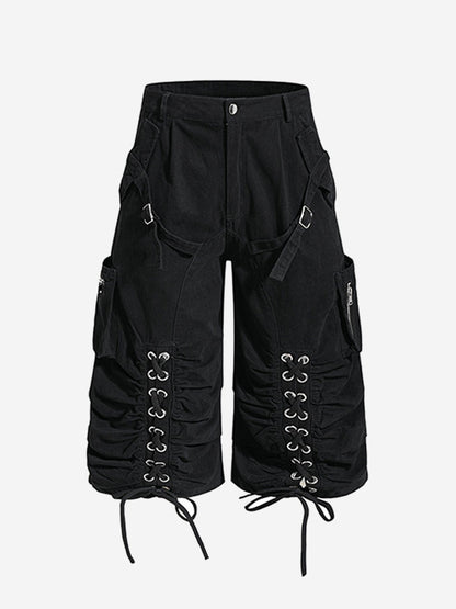 Y2K Lace Up Ruched Wide Leg Cargo Shorts