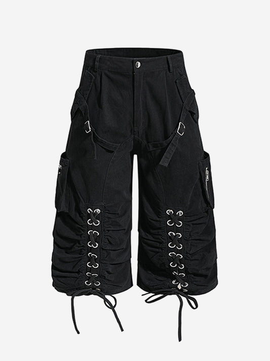 Y2K Lace Up Ruched Wide Leg Cargo Shorts