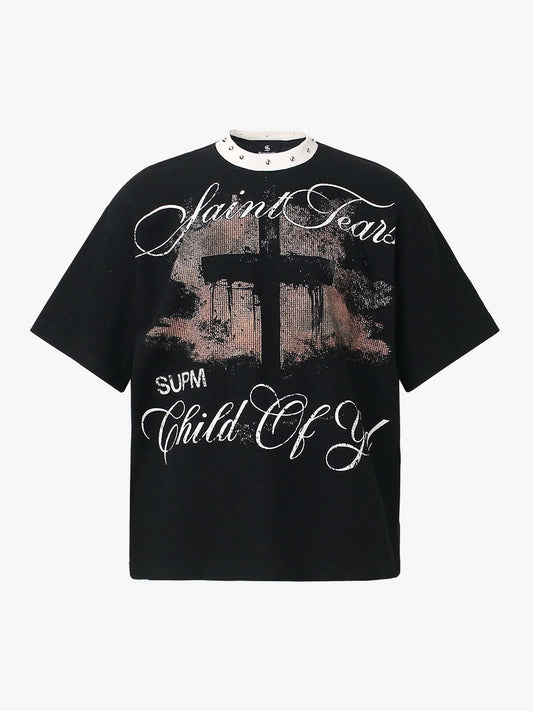 Gothic Cross Print Studded Collar Waffle Knit Graphic T-Shirt 