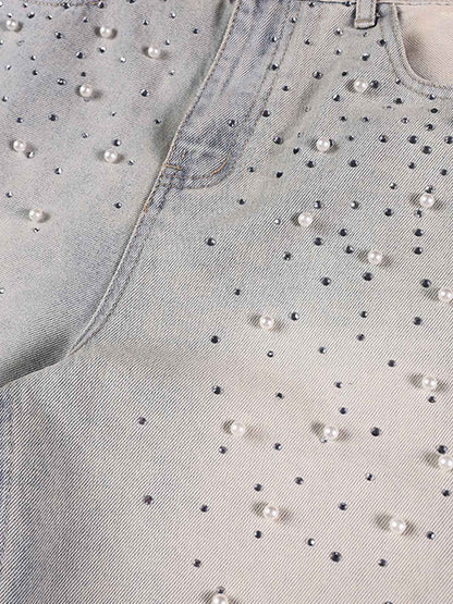 Pearl Embellished Light Wash Denim Shorts