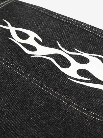 Contrast Stitching Flame Denim Shorts