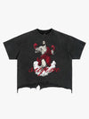 Distressed Black Cotton Oversized Cropped T-Shirt with Raw Hem