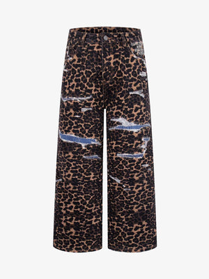 Bold Leopard Print Distressed Wide-Leg Jeans 