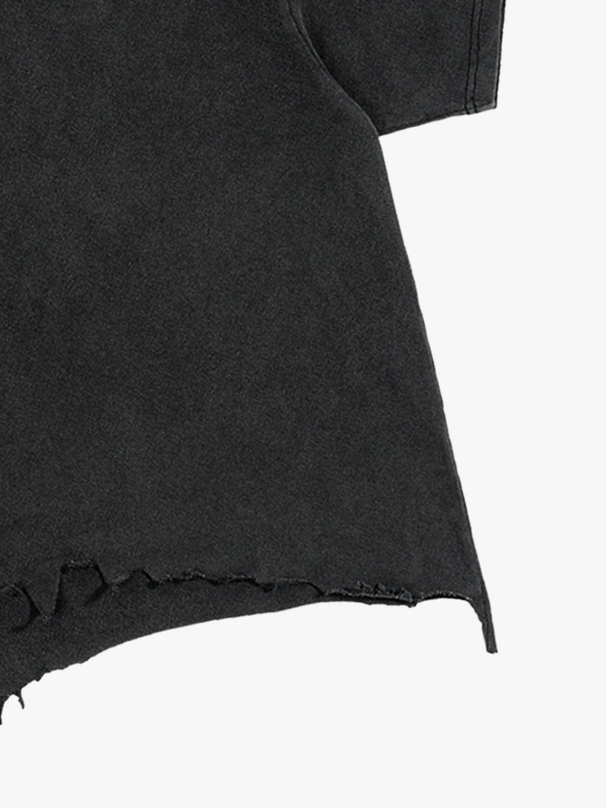 Distressed Black Cotton Oversized Cropped T-Shirt with Raw Hem