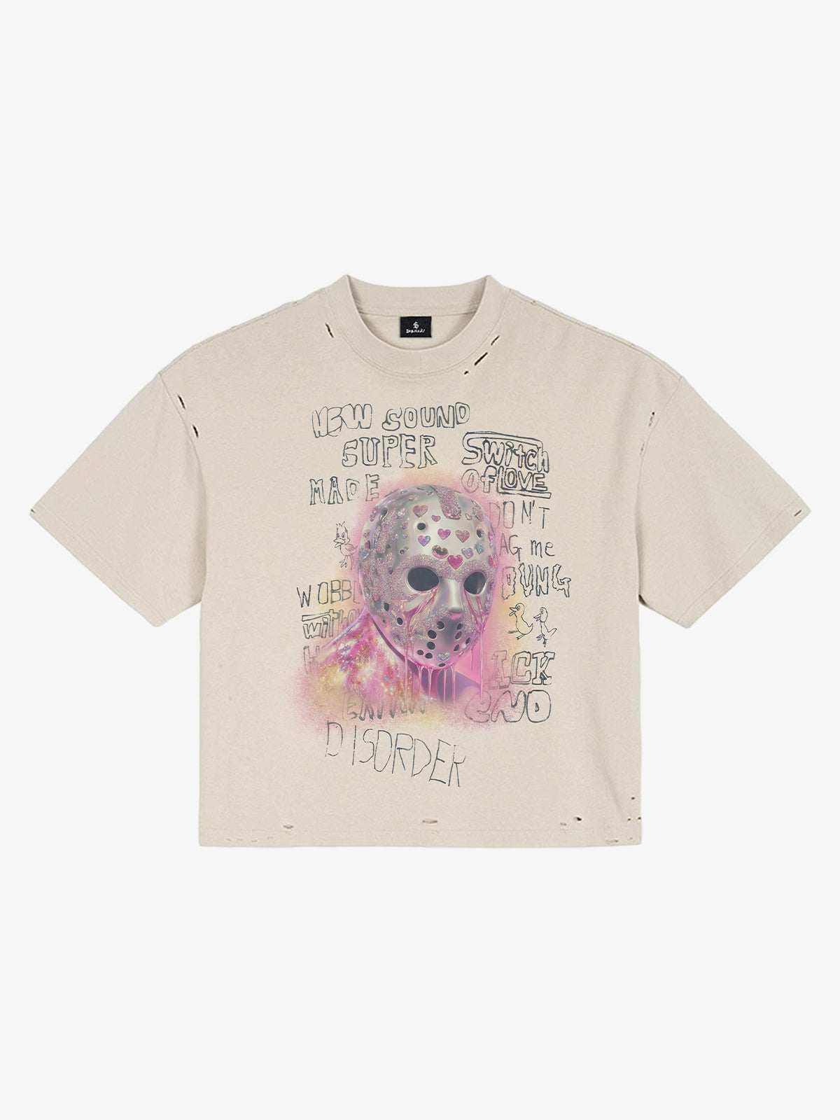 Distressed Heart Cutout Skull Mask Graphic T-Shirt 