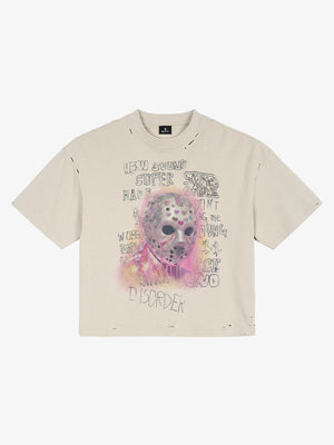 Distressed Heart Cutout Skull Mask Graphic T-Shirt 