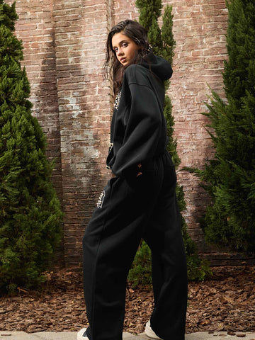 Cotton Blend Embroidered Pearl Detail Track Jacket with Zip Front and Hood 