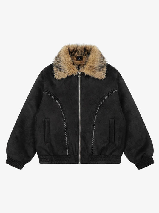 Vintage Distressed Deconstructed Faux Fur Collar Jacket 