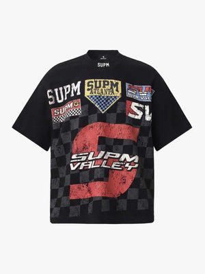 Waffle Knit Racing Checkered Flag Graphic T-Shirt 