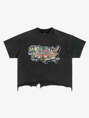 USA Map Ripped Hem T-Shirt