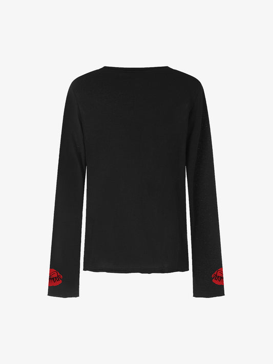 Cotton Casual T-Shirt with Lip Print Sleeve Detail