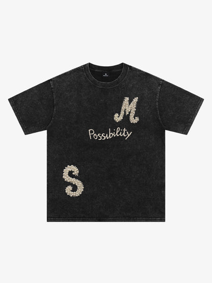 Vintage Washed Pearl Letter Graphic T-Shirt 