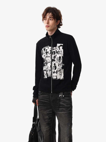 Retro Punk Print Knit Cardigan Long Sleeve Top 