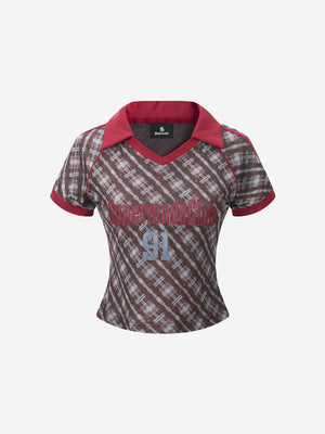 Y2K Plaid Lapel Slim-Fit T-Shirt