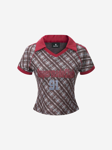 Y2K Plaid Lapel Slim-Fit T-Shirt