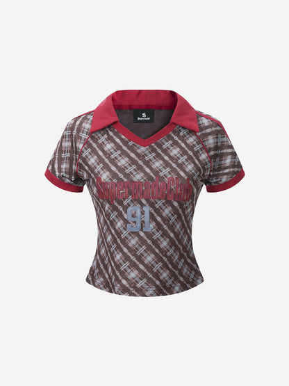 Y2K Plaid Lapel Slim-Fit T-Shirt
