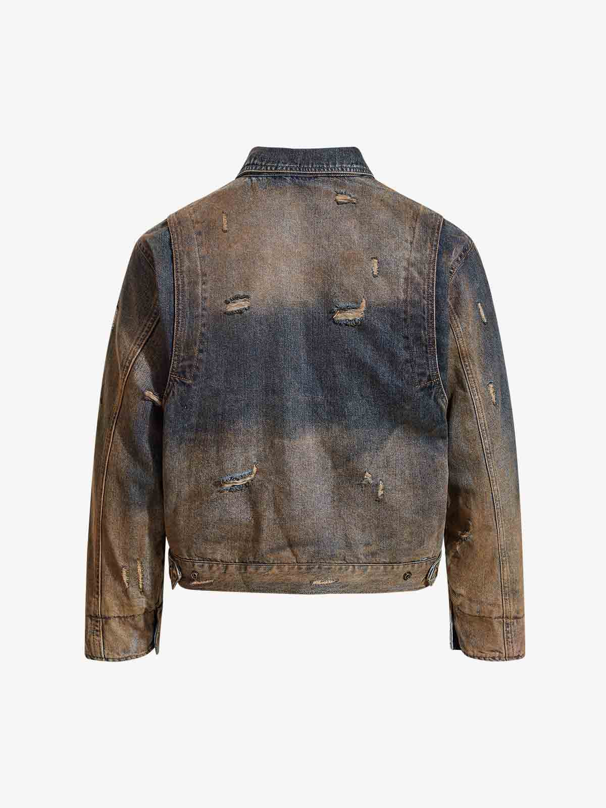 Vintage Washed Distressed Denim Zip Up Jacket 