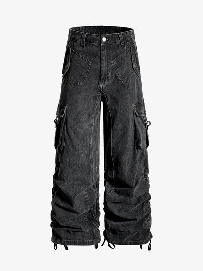 Washed Cotton Multi-Pocket Ruched Cargo Pants 