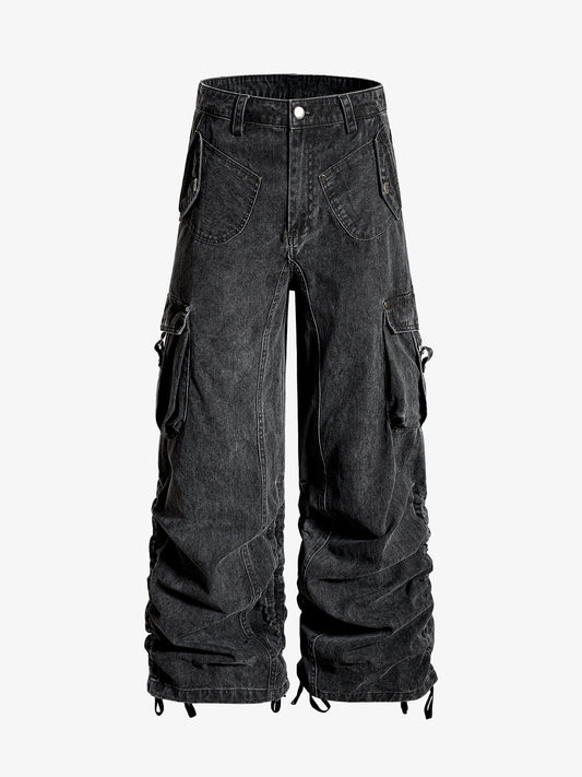Washed Cotton Multi-Pocket Ruched Cargo Pants 