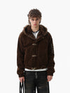 Streetwear Metal Clip Faux Fur Hooded Suede Bomber Jacket - 2597 